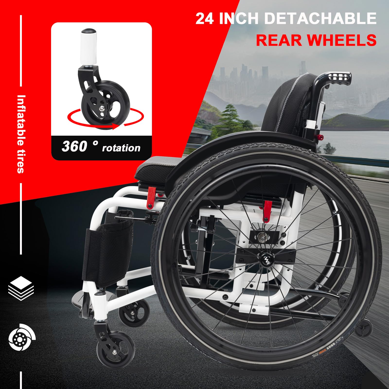 Silla de ruedas deportiva de aluminio desmontable para adultos discapacitados, diseño ligero y portátil para actividades al aire libre y movilidad diaria