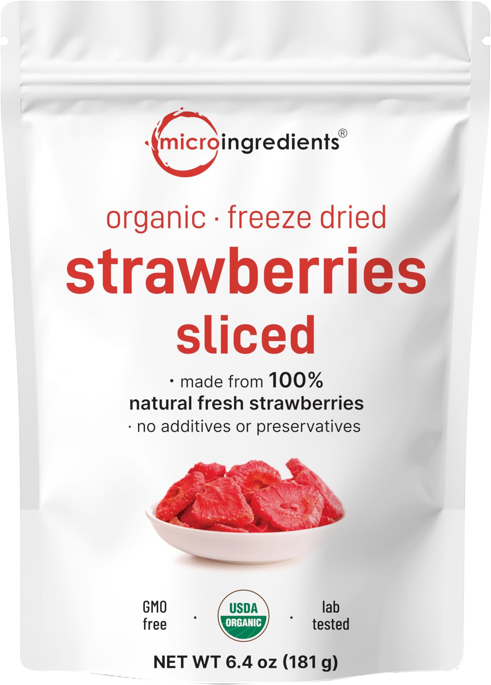 Micro Ingredients Organic Strawberries Sliced, 6.4oz | 100% Natural Fruit | Freeze Dried Strawberry Source | No Sugar & Additives | Healthy Snack & Topping for Beverages or Recipes | Non-GMO, Vegan
