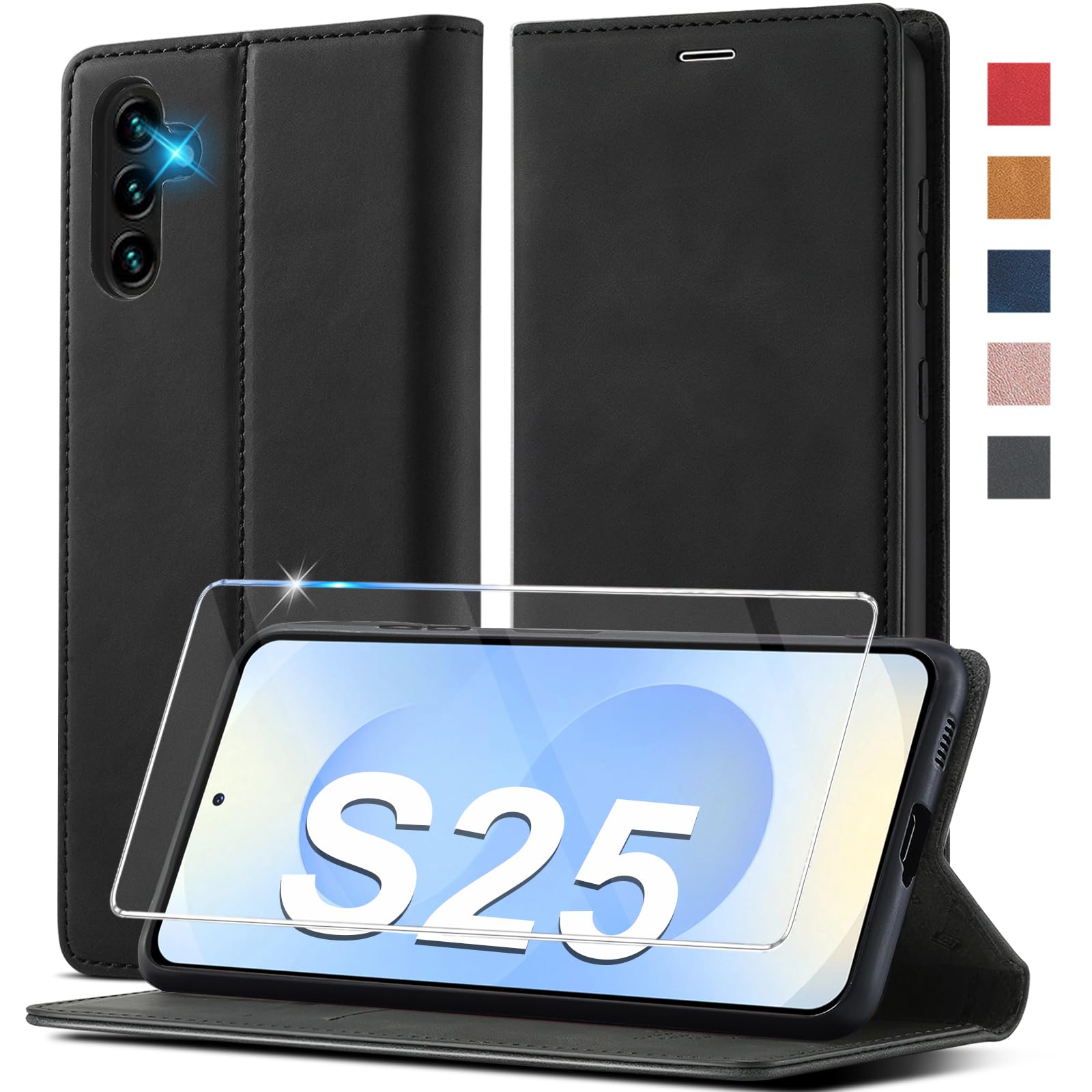 Ailicici Leder für Samsung S25-Serie [Mit Schutzfolie] Wallet RFID Blocker Handyhülle, Ledermaterial Kartenfach Klapphülle
