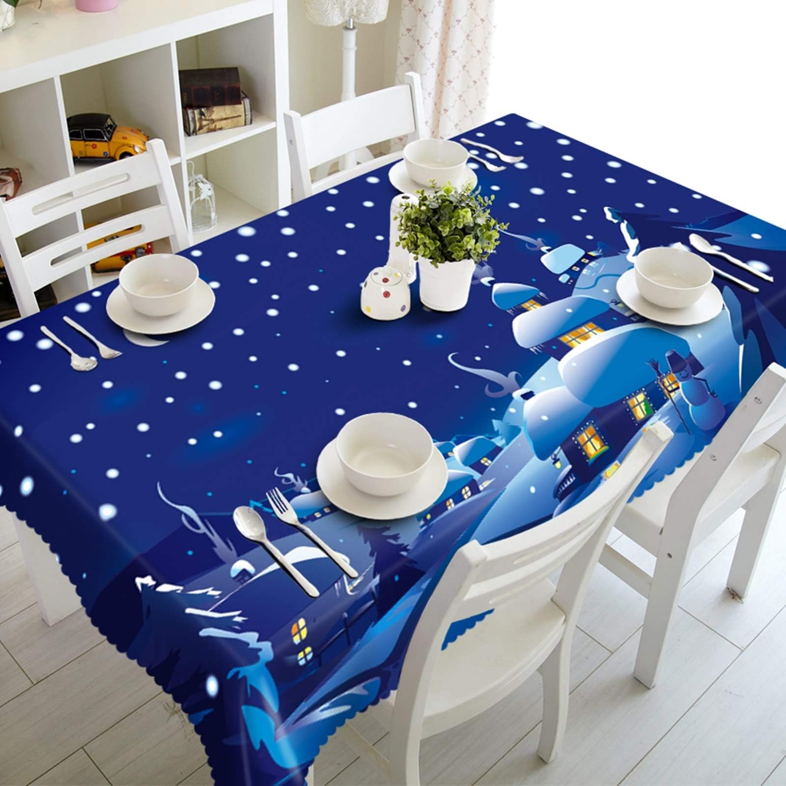 KnBoB Oblong Tablecloth, Dark Blue Village Snow Polyester Table Cover for Picnic Decoration 55X79Inch