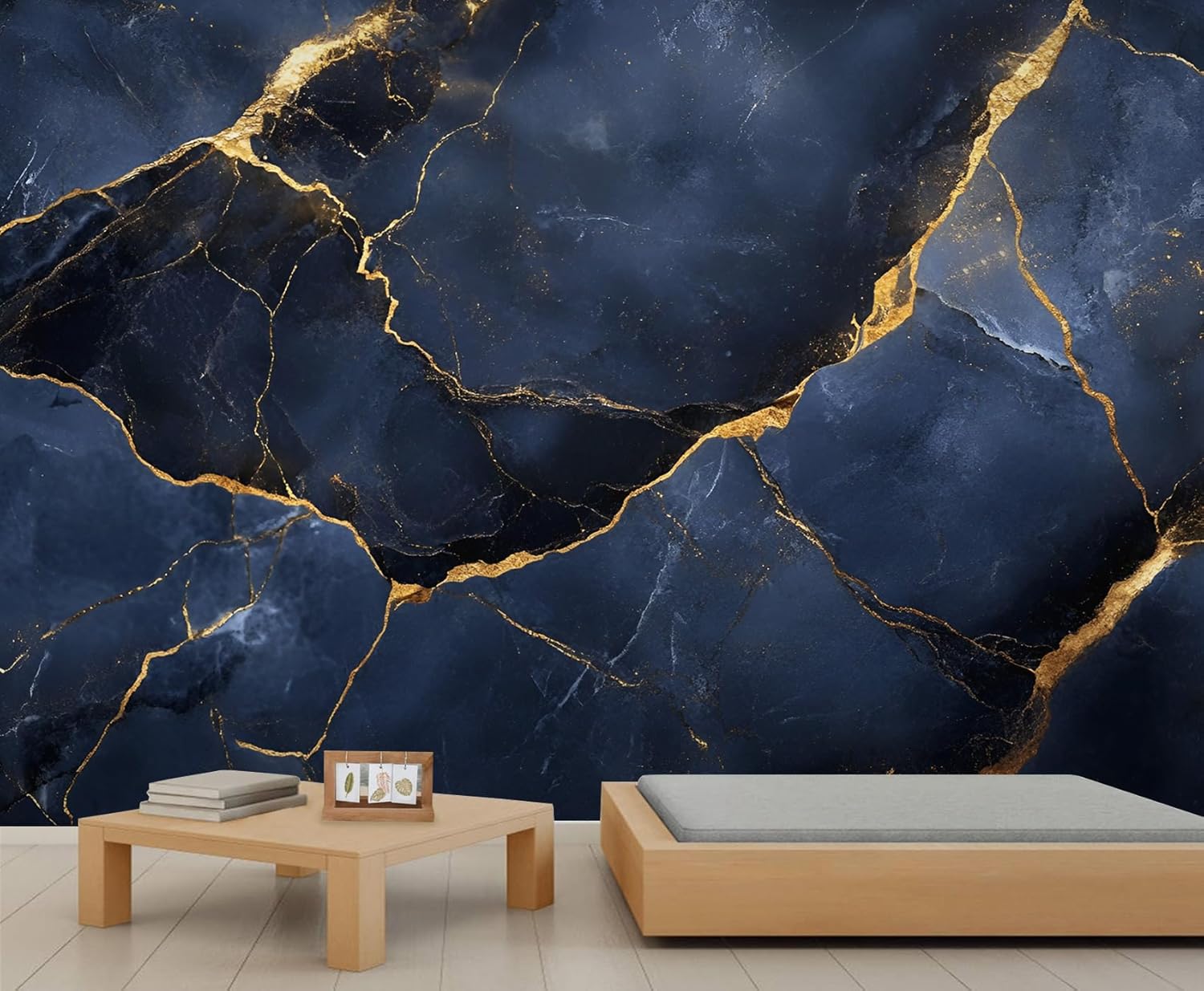 Royal Navy Blue 3D Custom Wallpaper, Blue Gold Marble Wall Paintings, Luxury Black Gold Wall Mural for Kids Room Living Room Dining Room Office Bedroom