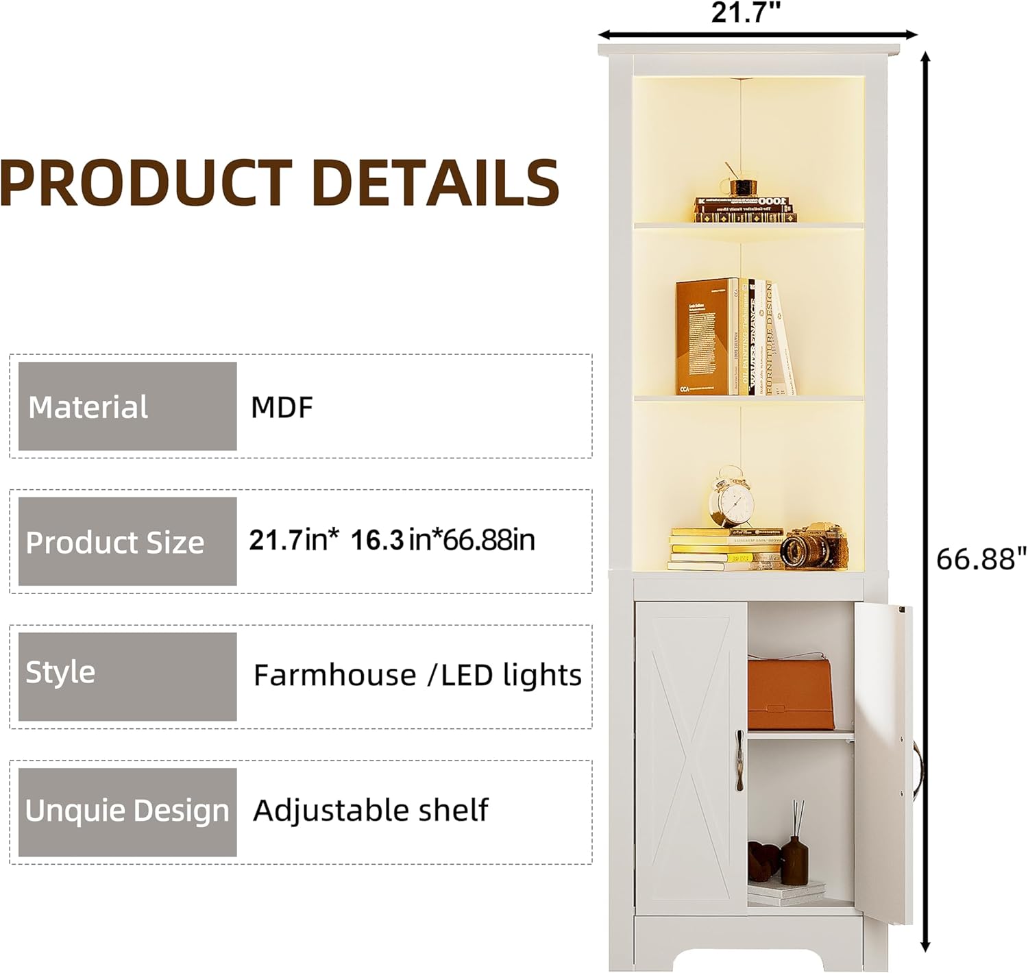 ChooChoo 66.5" Tall Corner Storage Cabinet with LED Lights, 5-Tier Corner Cabinet with Barn Door Design and Adjustable Shelf, Home Space Saver for Living Room,White