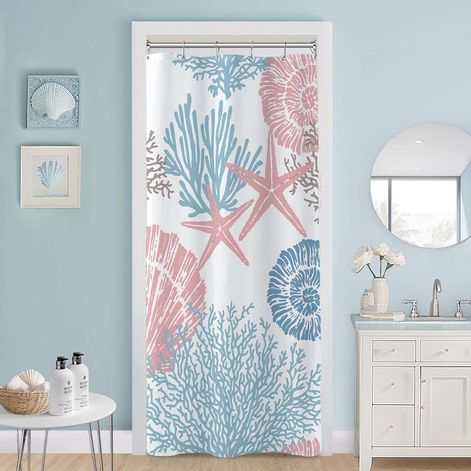 MAYZUS Nautical Coastal Shower Curtain, Blue Pink Beach Ocean Theme Shower Curtain for Bathroom Decor, Summer Tropical Seashell Starfish Coral Fabric Shower Curtain Set with Hooks, 72x72