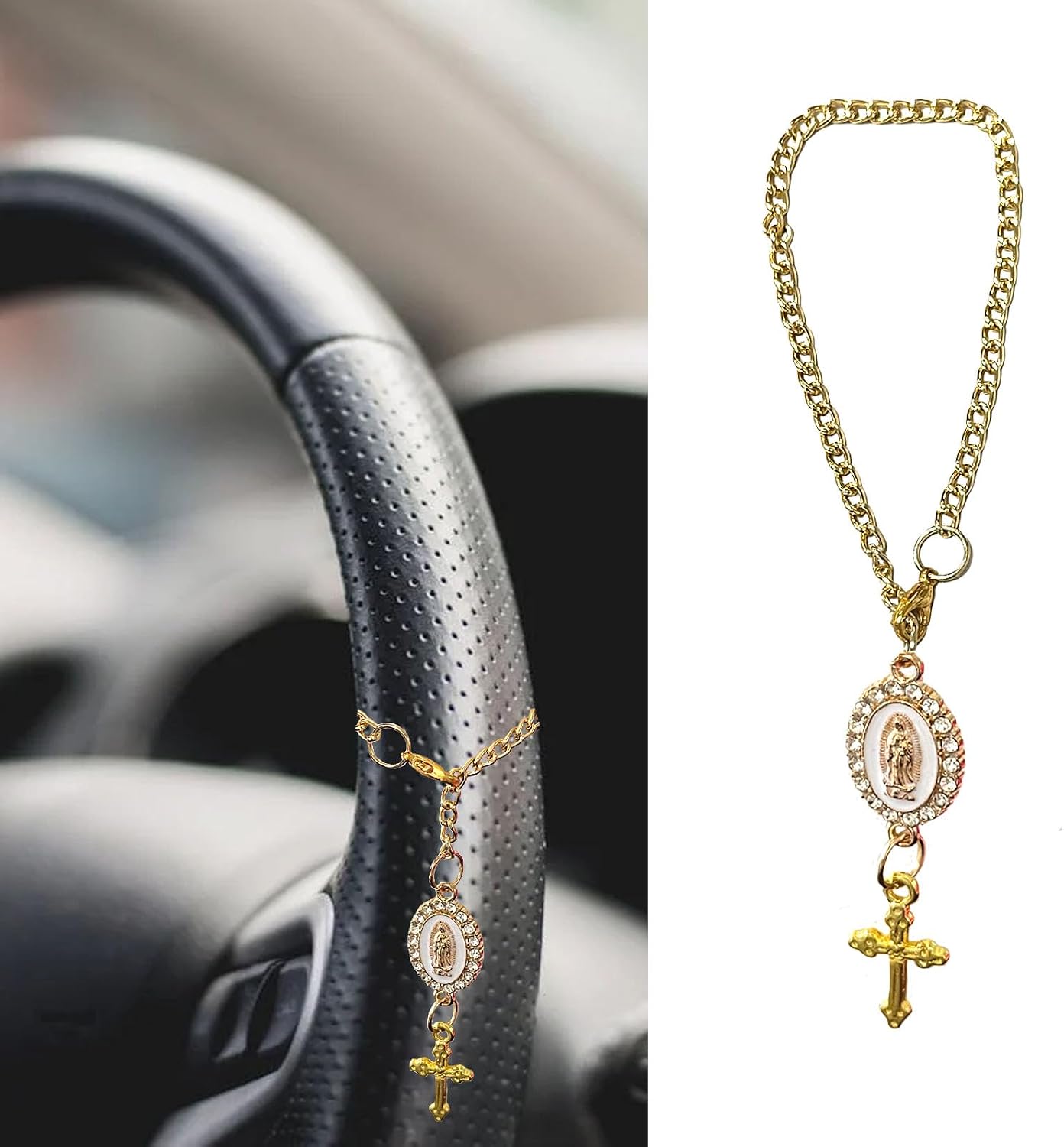 Steering Wheel Rosary Charm Accessory, Cross for Car, Car Rosary for Automotive Protection Charm Decor, Car Rosary for Rearview Mirror, Religious Catholic Gift