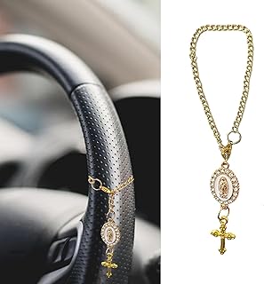 Steering Wheel Rosary Charm Accessory, Catholic Rosary Hanging Pendant, Cross for Car, Steering Wheel Accessory with Virgin Mary Charm and Crucifix, Christian Gifts (Gold)