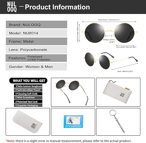 Miniatura 5 de NULOOQ Gafas de sol polarizadas redondas retro para mujeres y hombres, marco de metal pequeño, gafas hippie
