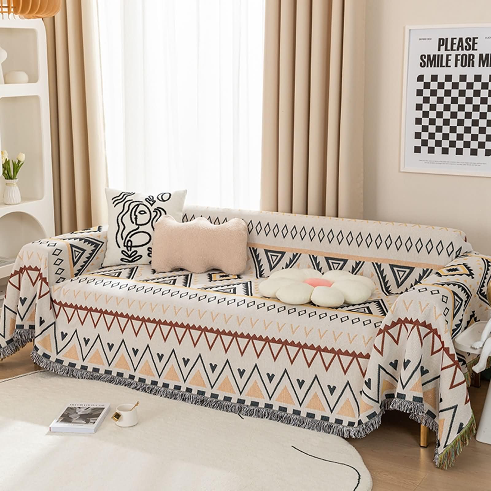 Sofa Covers for 2 Cushion Couch Sectional,51" W x 71" L,Couch Cover Universal Triangle Pattern Cotton Slipcover Sofa Beige Yellow Couch Covers Universal