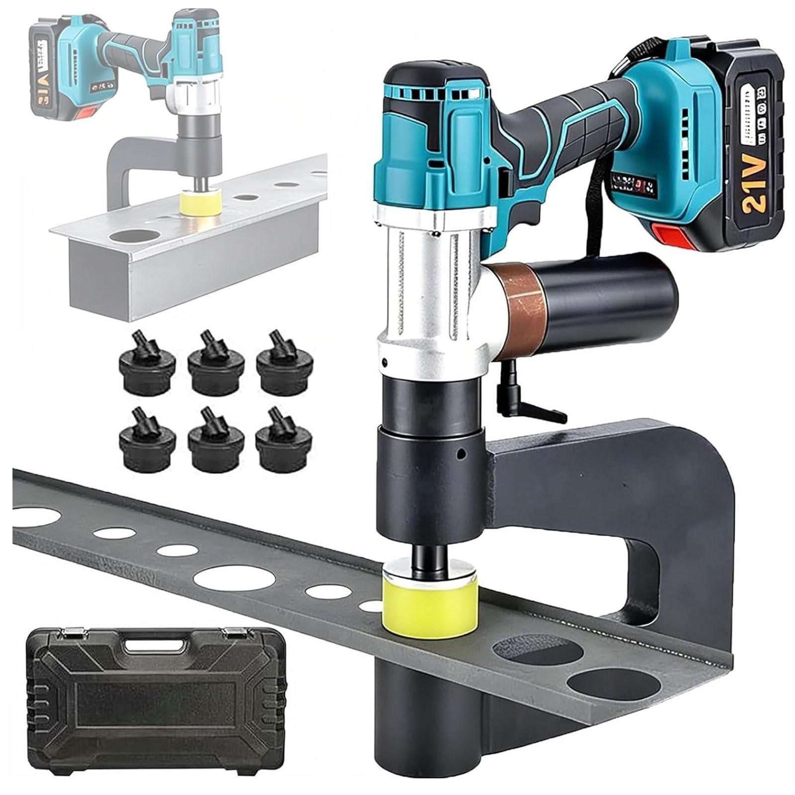 Perforadora hidráulica eléctrica, punzonadora portátil, kit de perforación inalámbrica con 2 baterías de 6000mah y 6 troqueles (16-32mm),profundidad garganta de 150mm,for acero y hierro hasta 1,5mm