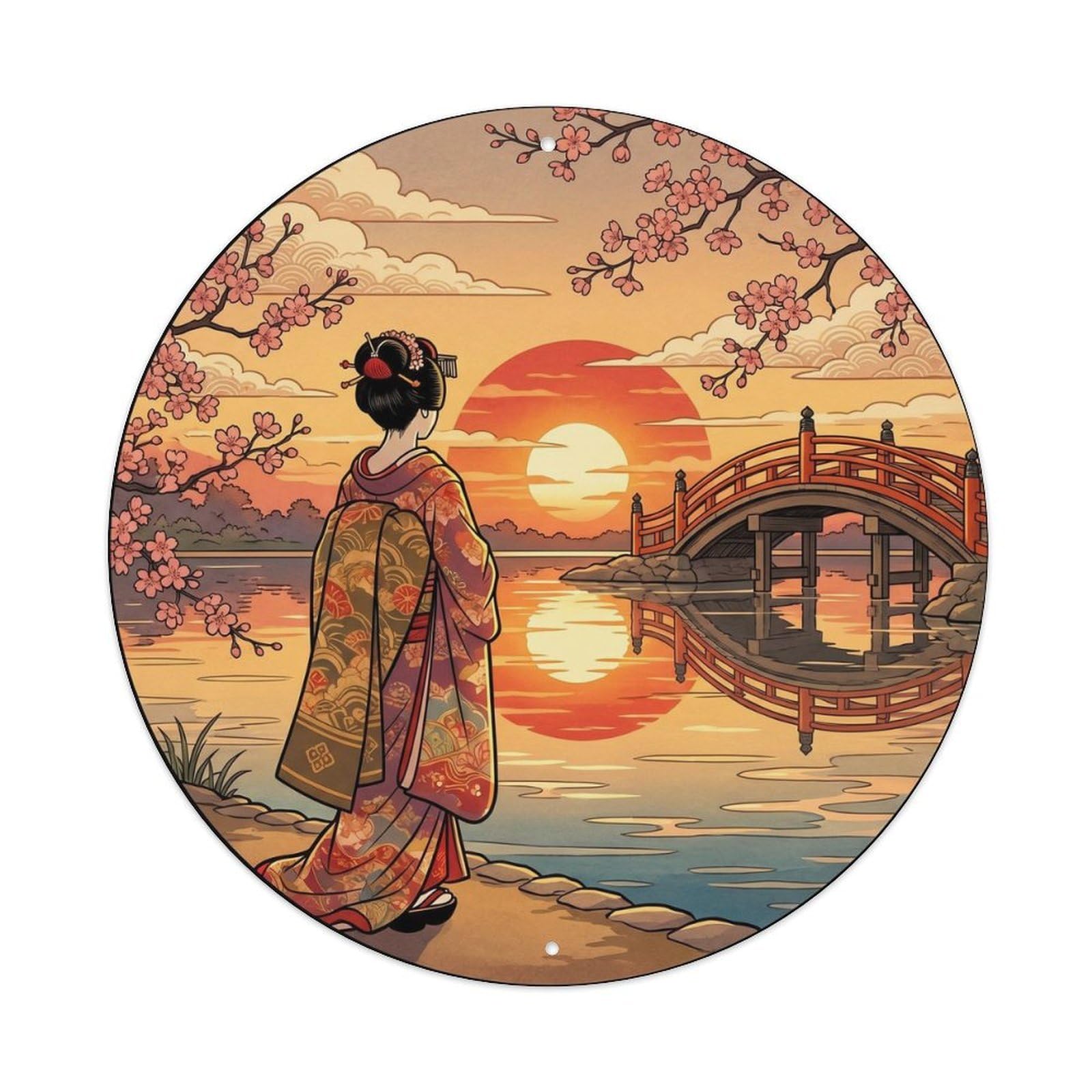 Japanese Geisha Sunset Water Reflection Warmth Metal Tin Sign