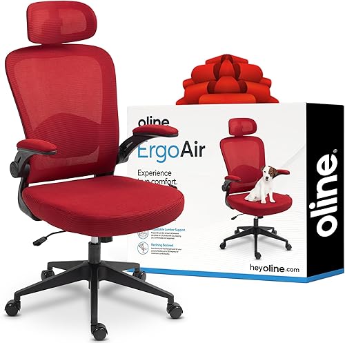 Oline ErgoAir - Silla de oficina ergonómica  Soporte lumbar ajustable, reposabrazos abatibles, silla de escritorio de malla para computadora, silla