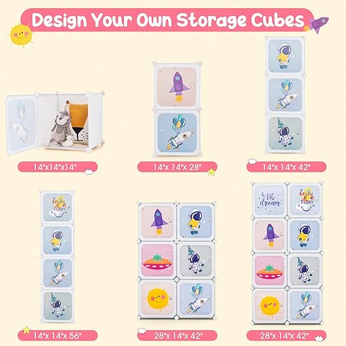 Miniatura 6 de INFANS Armario para niños, armario portátil para bebé, lindo para dormitorio de niños, armario de guardería con puertas, 12 cubos, 2 secciones para