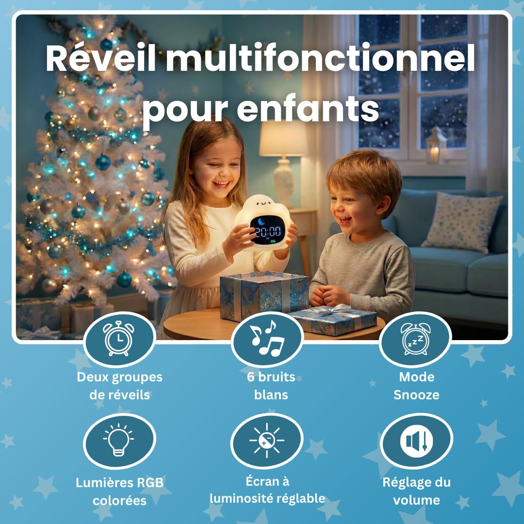 Sveglio bambino educativo giorno/notte - luce notturna per bambini musicale e luminosa, 4 anni di luminosità, orologio educativo con musica rilassante, rumore bianco, decorazione per camera da letto