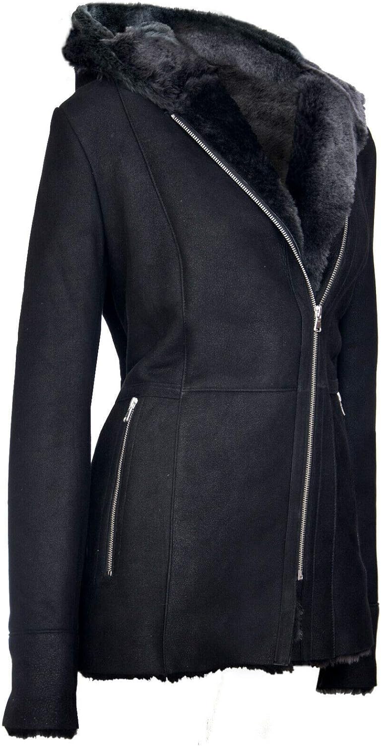 Infinity Leather Women's Elegant Black Snowtip Hooded Suede Merino Shearling Sheepskin Coat