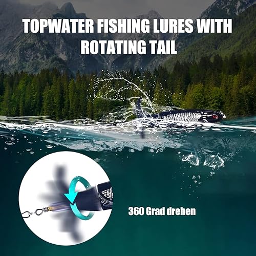 Miniatura 8 de Señuelos de pesca Topwater con caja de almacenamiento, Whopper Popper para lubina, bagre, lucio, perca, cebo flotante con cola giratoria para agua