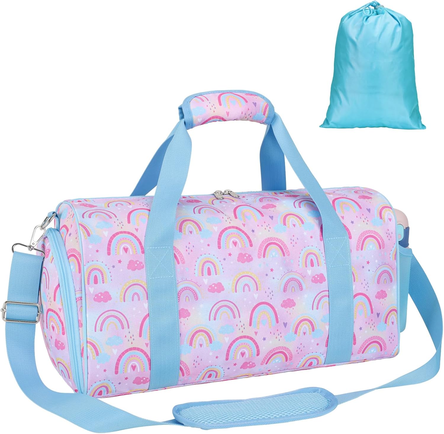 Bagseri Dance Bag for Girls - Kids Duffle with Shoe Compartment, Gymnastics Tote for Sleepover Travel with Water Resistant Wet Pocket (Light Purple Blue Rainbow)