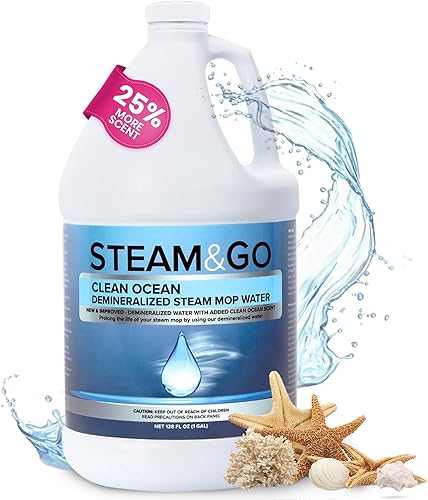Steam and Go Agua desmineralizada, aroma limpio del océano, solución de limpieza para trapeador de vapor, solución limpiadora de pisos y más,