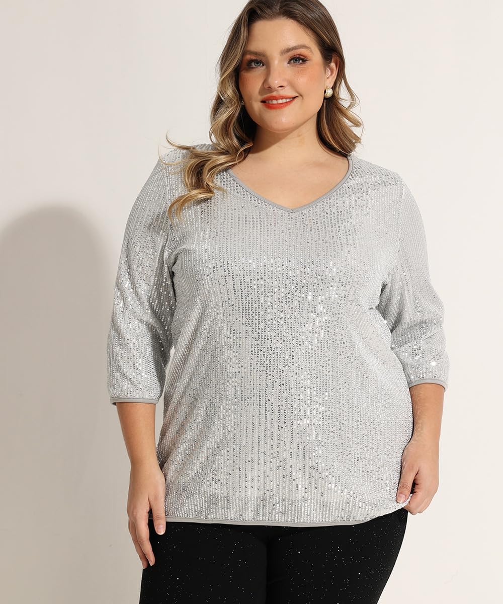 RITERA Plus Size Glitter Tops for Women 3/4 Sleeve Shirts Evening Cocktail V Neck Sequin Blouse Tunic Weddings XL-5XL - Image 4