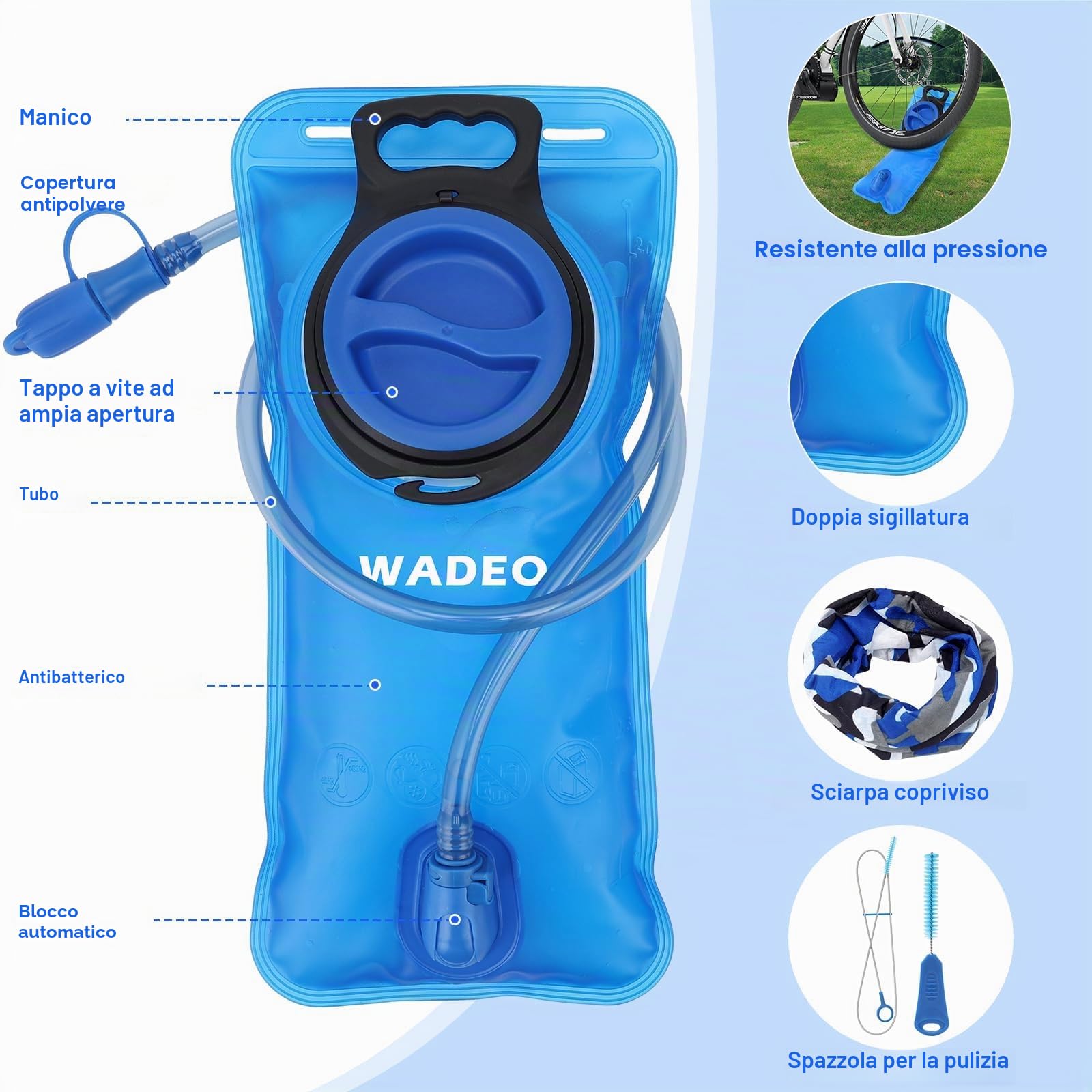 WADEO Sacca Idrica 2L, Sacca Acqua Zaino a Prova di Perdite, Senza BPA, Trekking Corsa Campeggio