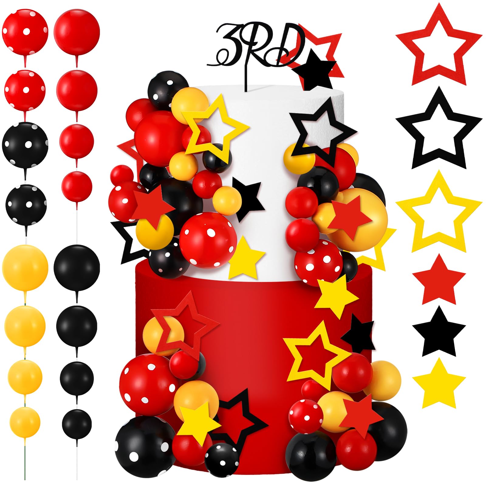 57 Pcs Mouse Cake Decor Black Red Yellow Cake Topper Set, Third Year