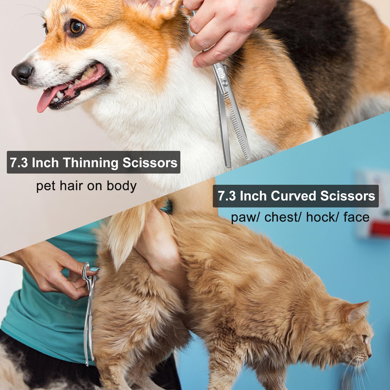 CIICII Forbici Toelettatura Cani, 7 Pollici Kit Forbici per Cani Professionali con Punta Tonda Di Sicurezza (Cane/Gatti Forbici Parrucchiere Sfoltire & Curve) per Toelettatura Gatto Animali (Argento)