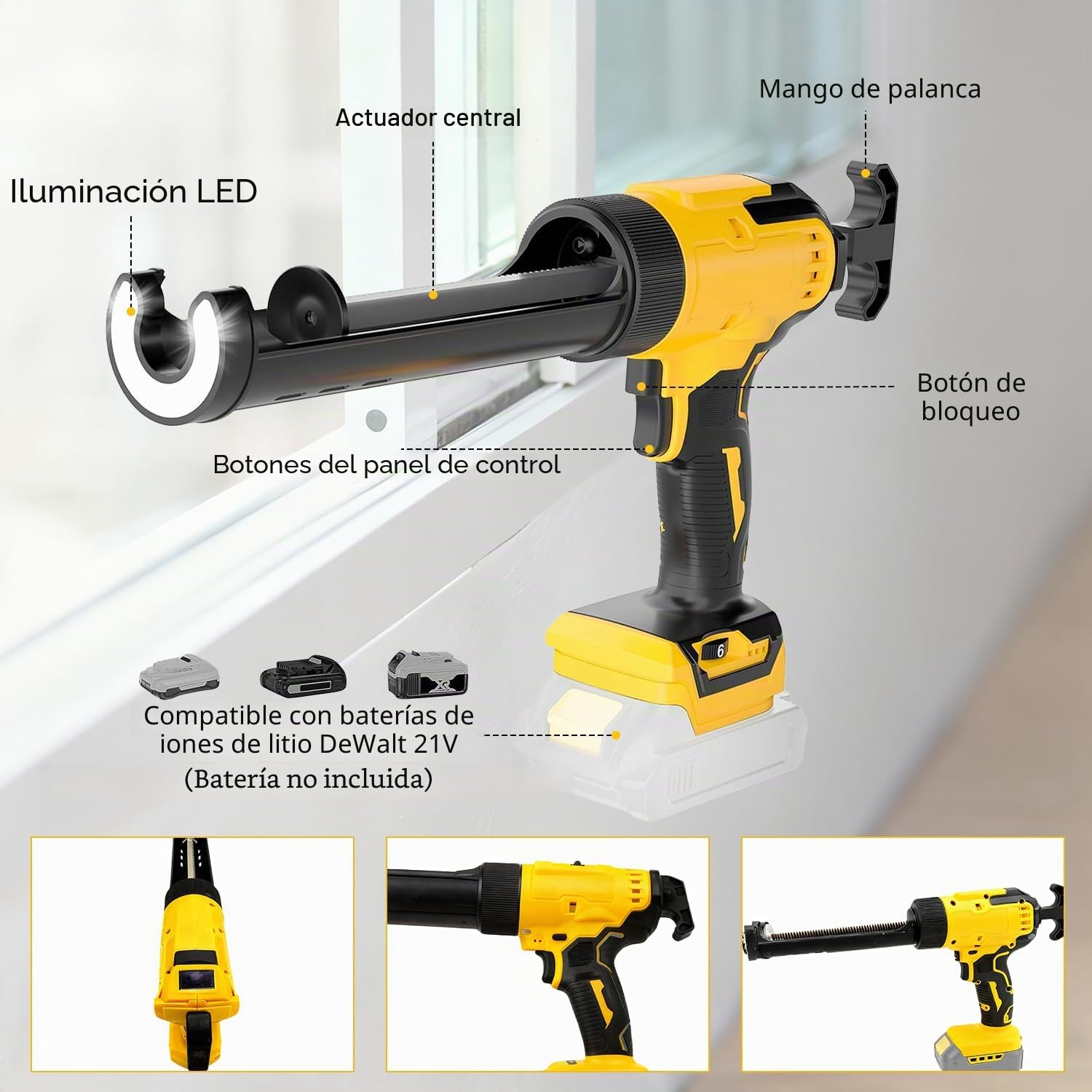 Pistola de cartuchos de batería compatible con batería Dewalt de 20 V, pistola de calafateo eléctrica con luz LED y velocidades ajustables, batería de pistola de silicona para cartuchos de 300 ml (sin