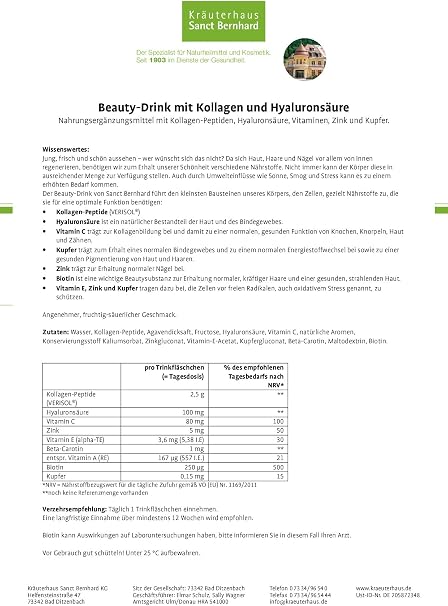 Sanct Bernhard Beauty Drink with Collagen Peptides (VERISOL®) Hyaluronic Acid Vitamins Zinc Copper 600 ml