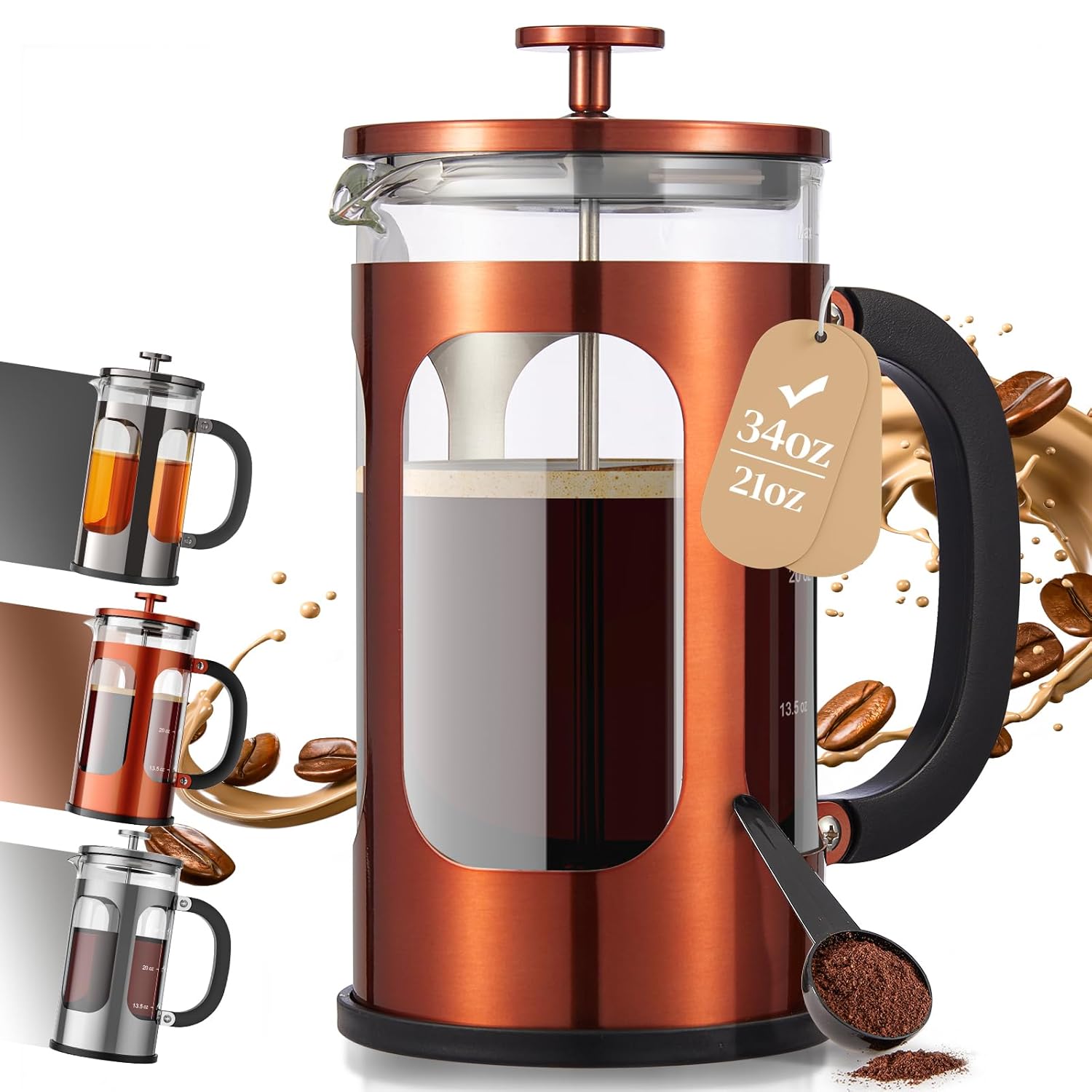 Veken 34oz Copper French Press Coffee Maker - Plastic-Free, 4-Level Filter, Thick Borosilicate Glass for Hot/Cold Brew, Travel & Camping