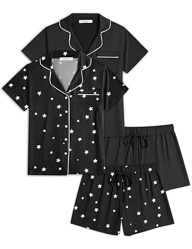 Ekouaer 2 Pack Womens Pajamas Set Button Down Summer Sleepwear Short Sleeve Comfy Pjs Loungewear Set - Black/Black Stars - Medium