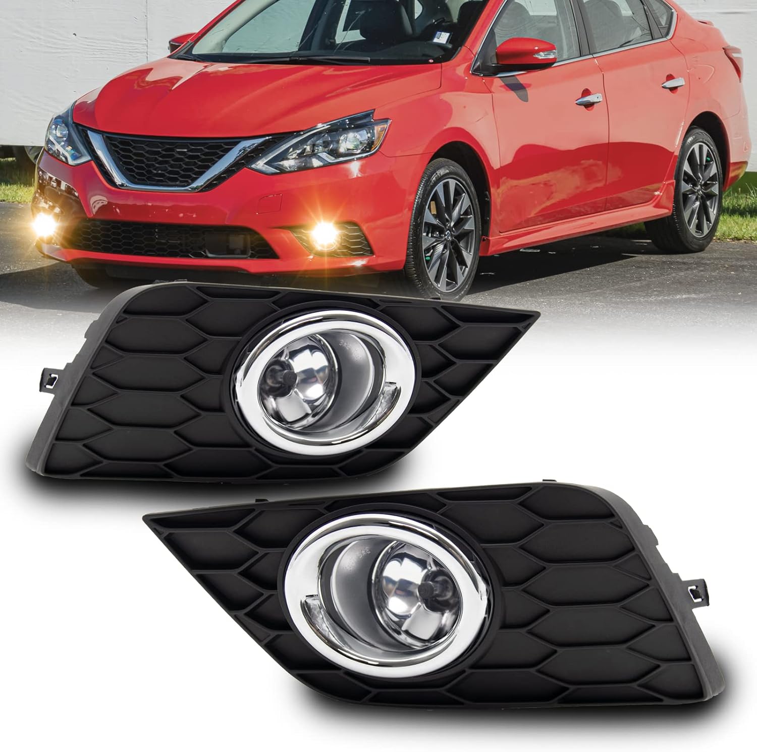 Fog Lights Assembly Replacement For 2016-2019 Nissan Sylphy/Sentra with H11 12V 55W Halogen Bulbs Included Switch And Wiring Kit(Clear Lens)