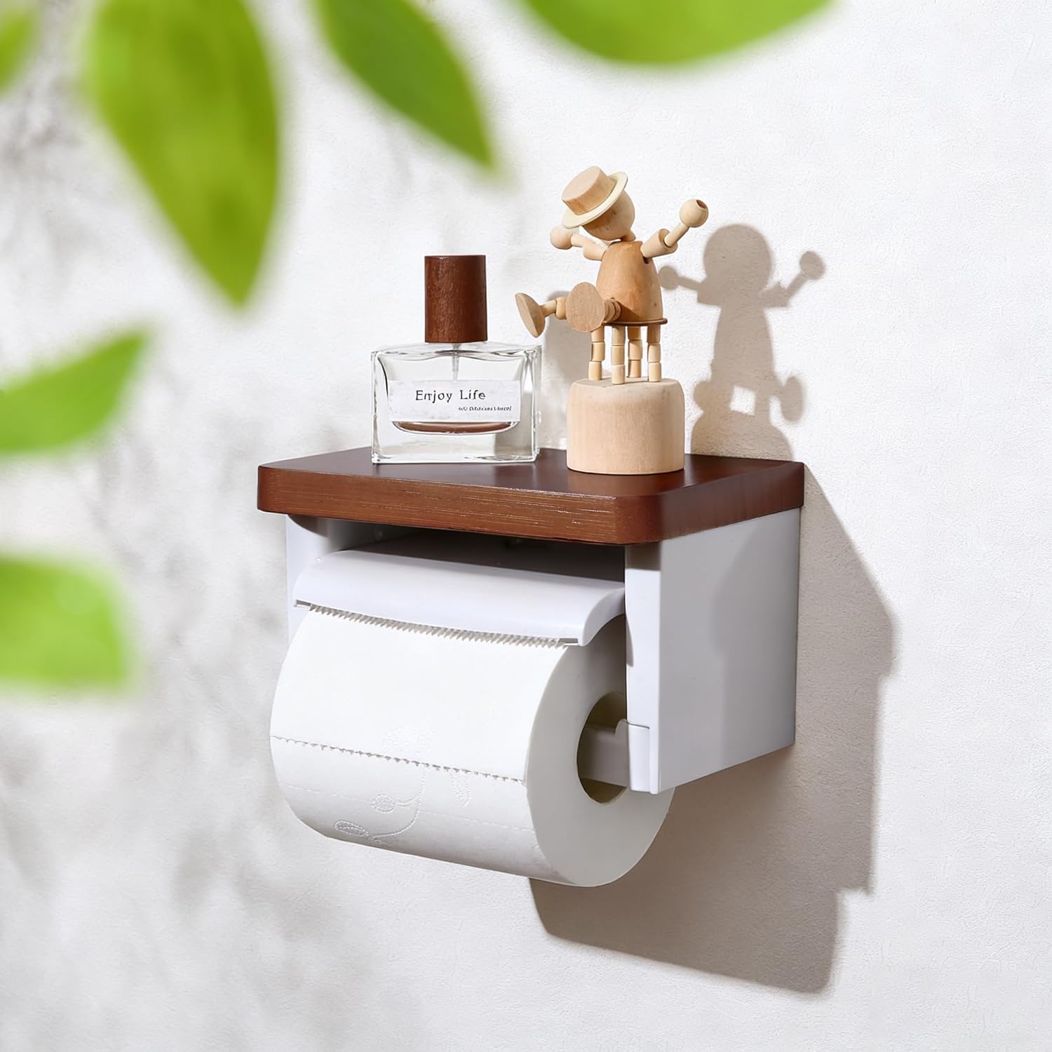 Toilet Paper Holder with Shelf- with Toilet Paper Cutting Function, Modern Toilet Paper Holder Wall Mounted for Bathroom Washroom (Wood Brown&Silver, Single)