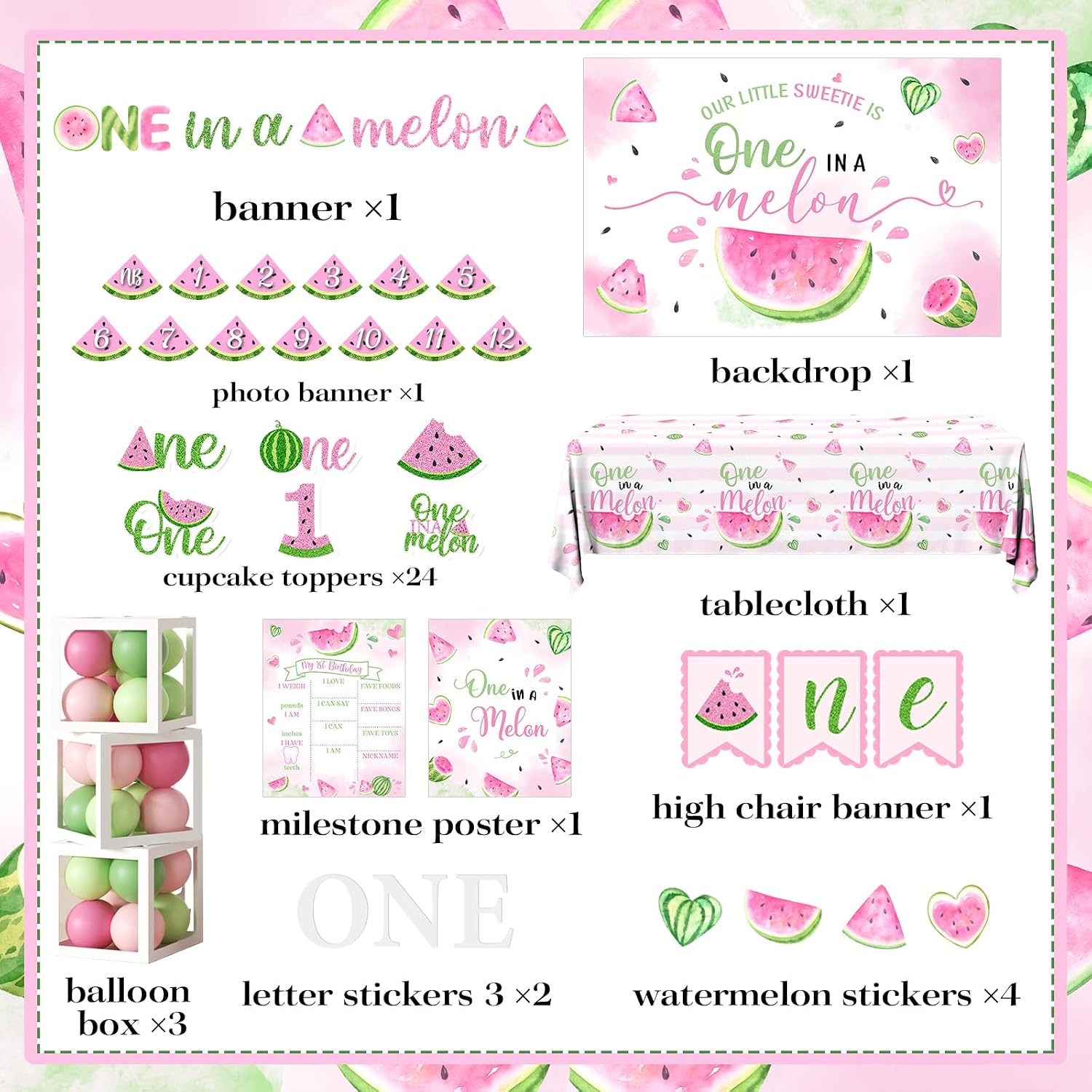One In A Melon Party Decorations, Watermelon Birthday Decorations with One In A Melon Backdrop Watermelon 1st Plates Napkins Cake Topper Tablecloth Balloon Arch Box for 1st Girl Birthday Party