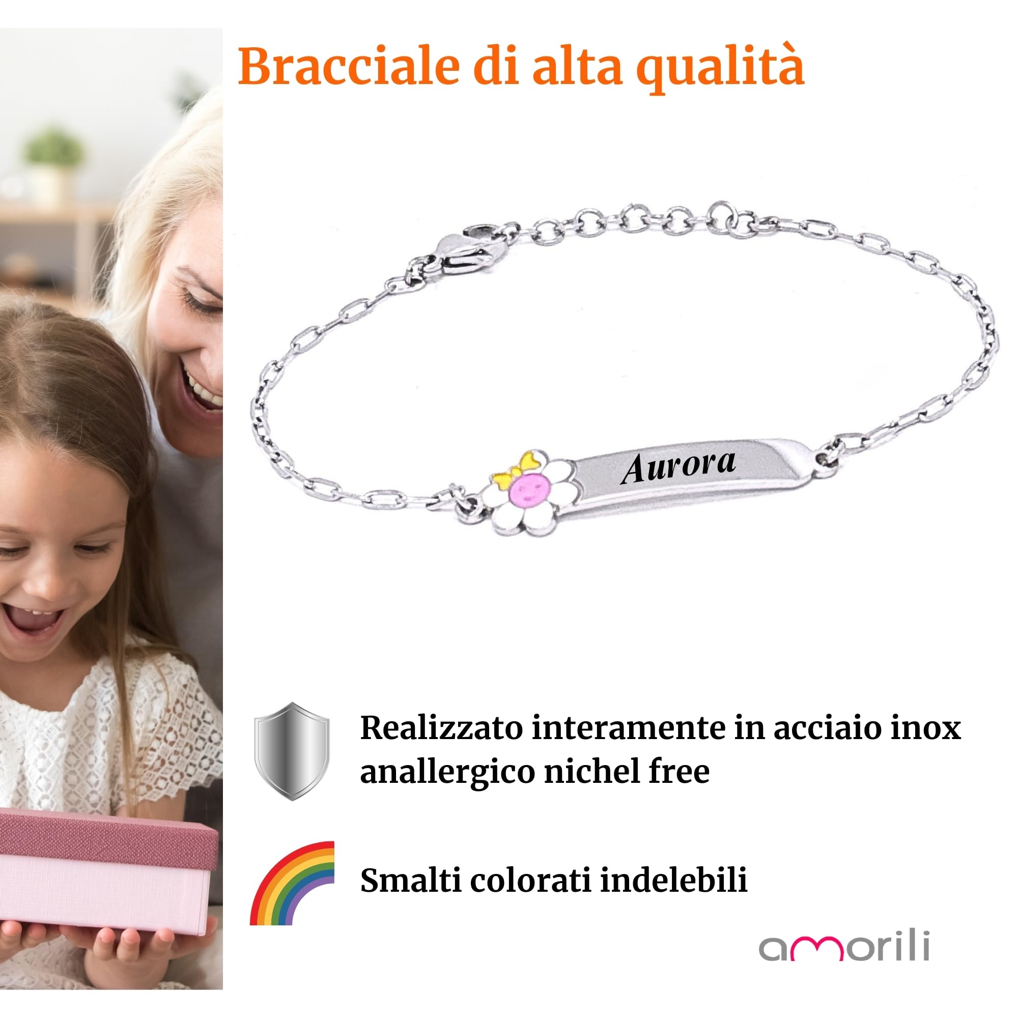amorili Bracciale Bambina Personalizzato con Nome – Fiorellino in Acciaio Inox Anallergico – Regalo Bimba – Idea Compleanno, Nascita, Battesimo – Made in Italy by bcc3108