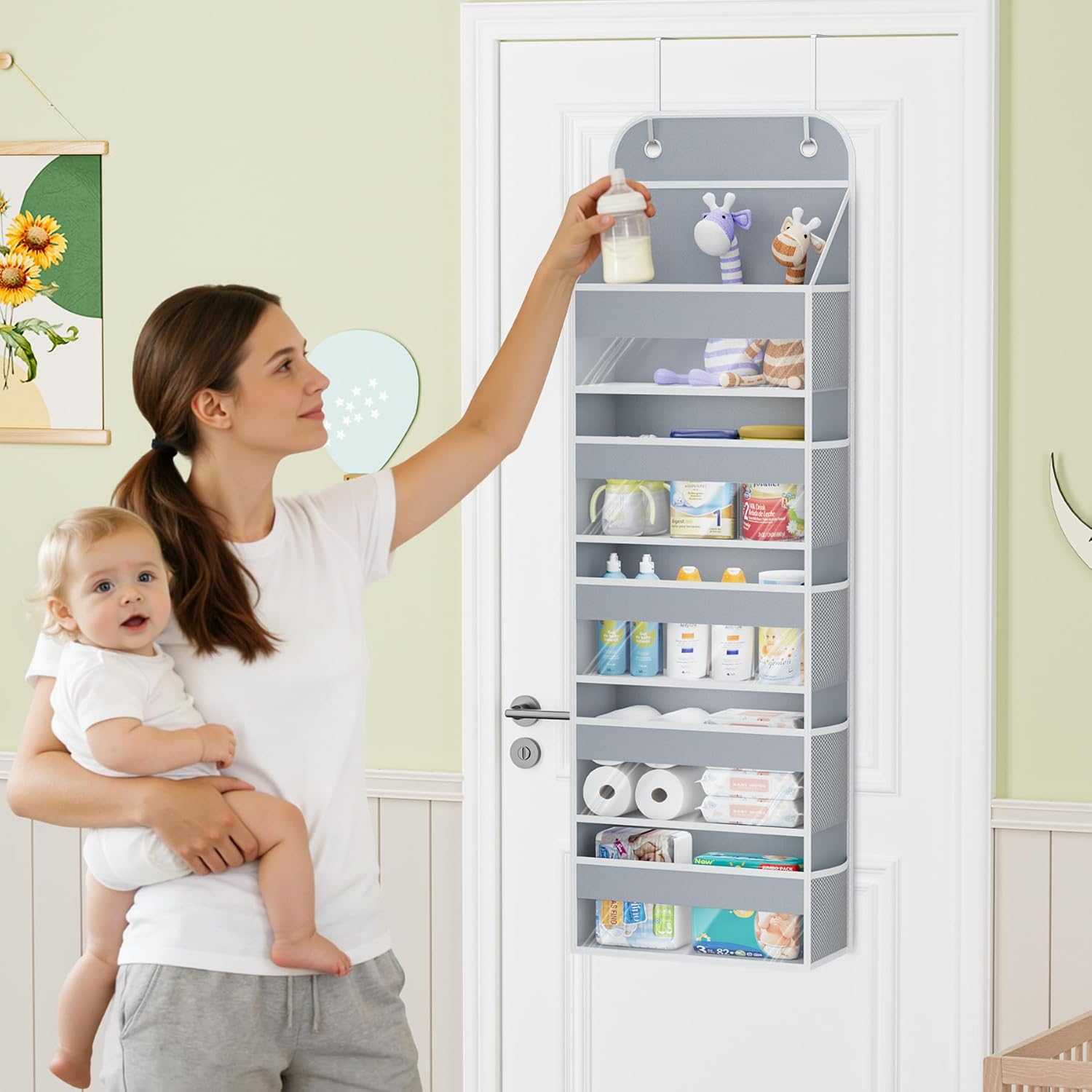 COOLBEBE 2 PC Over the Door Organizer, 5-Tier Organizer Hanging with Clear Window, Large Capacity Behind the Door Storage Organizer for Baby Nursery Bedroom Closet and Baby Essentials (Grey)