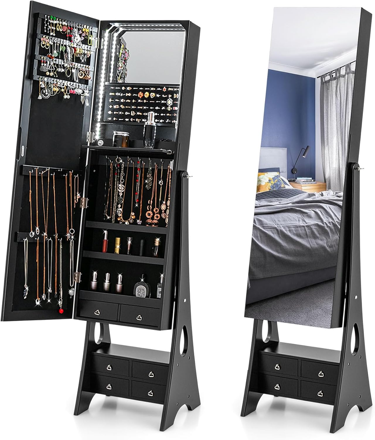 CHARMAID Jewelry Cabinet with LED Light Strip, Floor Jewelry Armoire with 62.5'' High Full Length Mirror, Vanity Mirror, Foldable Makeup Shelf, Jewelry Organizer Storage with 6 Drawers (White)
