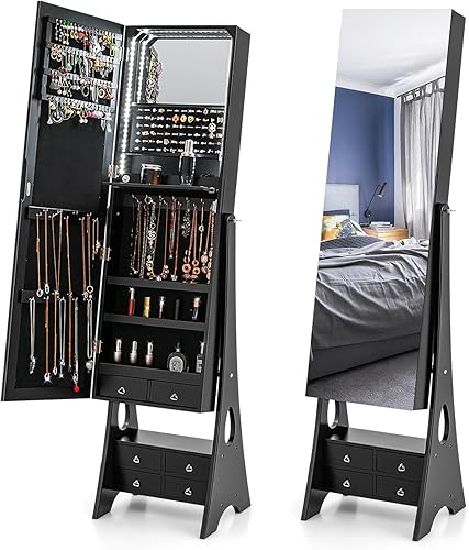 CHARMAID Armario de joyería con tira de luz LED, armario de joyería de piso de 62.5 pulgadas con espejo alto de longitud completa, espejo de
