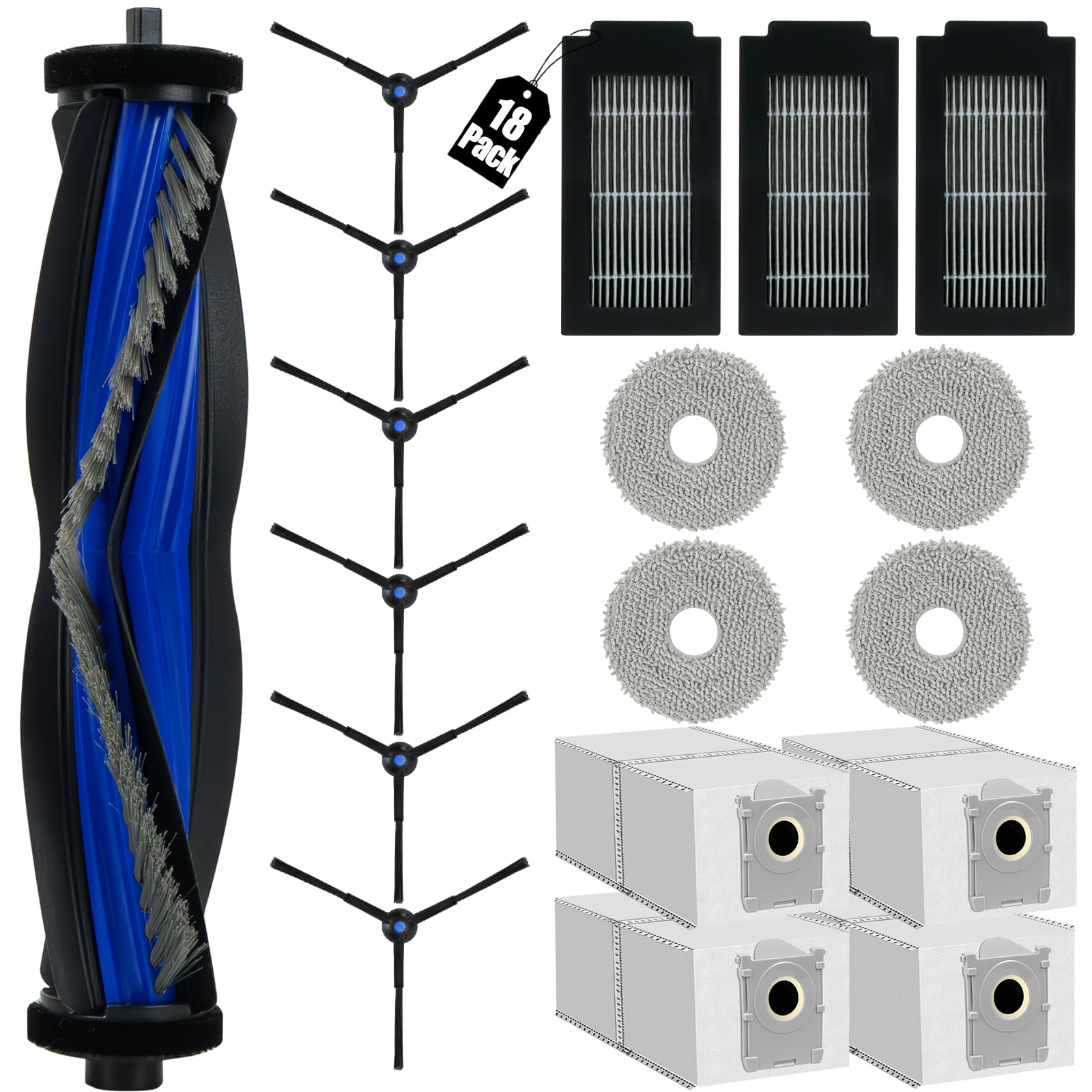 KGC 18 Stück Zubehörset für Ecovacs Deebot T50 Pro Omni, T50 Pro Omni Gen2, T50 Omni, T50 Omni Gen2 Saugroboter, 1 Hauptbürste, 4 Staubbeutel, 4 Wischpads, 3 Filter, 6 Seitenbürsten