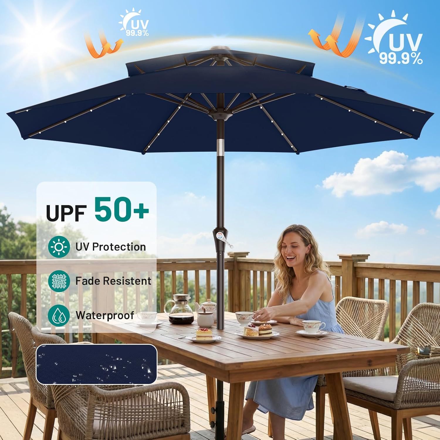 AreShark 9ft 2 Tiers Patio Umbrella with Solar Lights, Outdoor Umbrella w/ 32 LED Lights&8 Sturdy Ribs, Table Umbrella for Deck, Backyard, Pool(Navy)