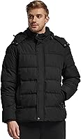 Vista 9 de Wantdo Abrigo de invierno con capucha para hombre, chaqueta acolchada cálida, abrigo de algodón grueso con capucha extraíble