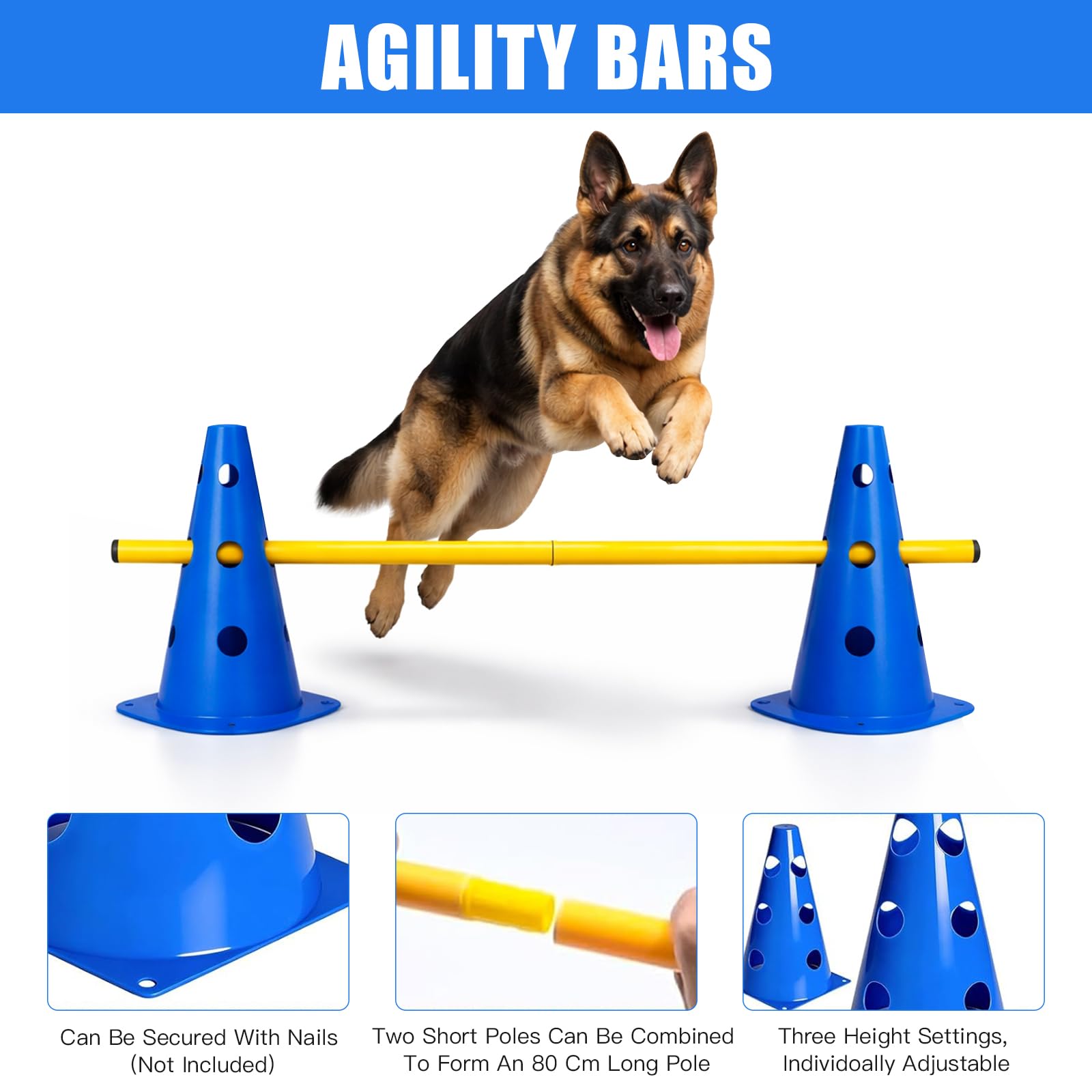 Agility Set Hunde, Agility Trainingsgerät Sports Cavaletti Hunde Steckhürdenset, Kegel Trainingshürden Einstellbar 10 Kegel + 5 Stangen, Agility Hürden Steckhürden (B)