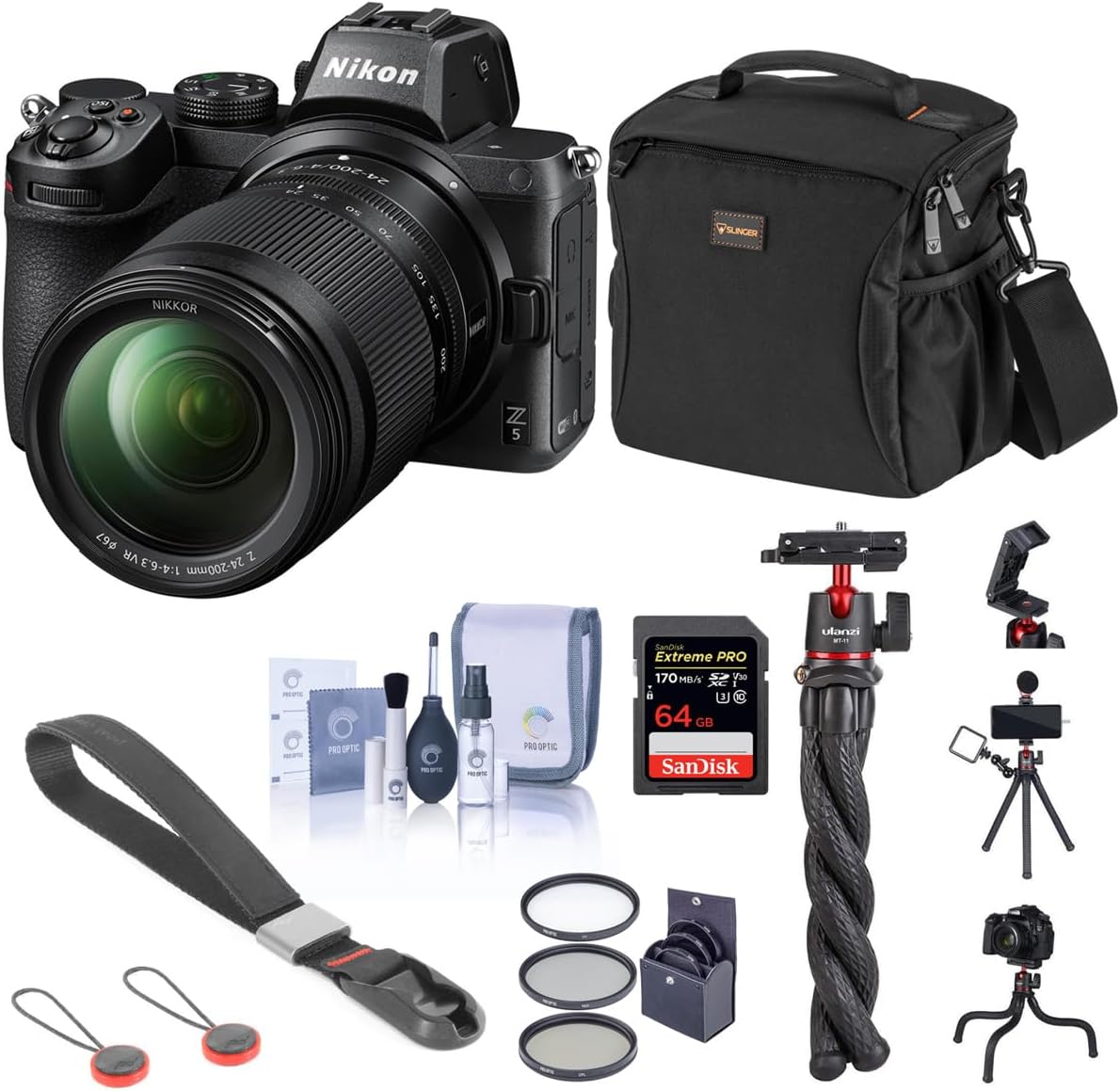 Nikon Z5 Full Frame Mirrorless Camera with 24-200mm Zoom Lens, Basic Bundle 64GB SD Card, Bag, Flexible Tripod, Wrist Strap and Accessories