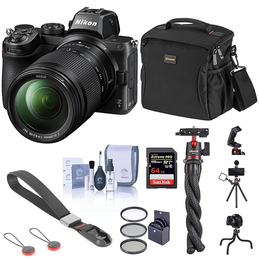 Nikon Z5 Full Frame Mirrorless Camera with 24-200mm Zoom Lens, Basic Bundle 64GB SD Card, Bag, Flexible Tripod, Wrist Strap and Accessories