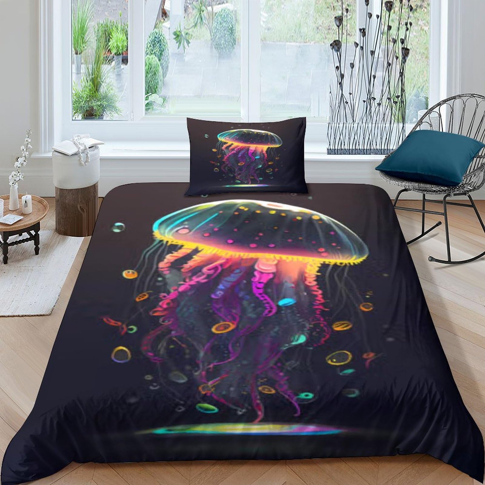 Colourful Jellyfish Comforter Covers Duvet Cover for Teens And Adults 3D Print Marine Life Quilt Cover with Zipper Closure Soft Microfiber Bedding Set with Pillow Cases 3 Pieces Single（135x200cm）