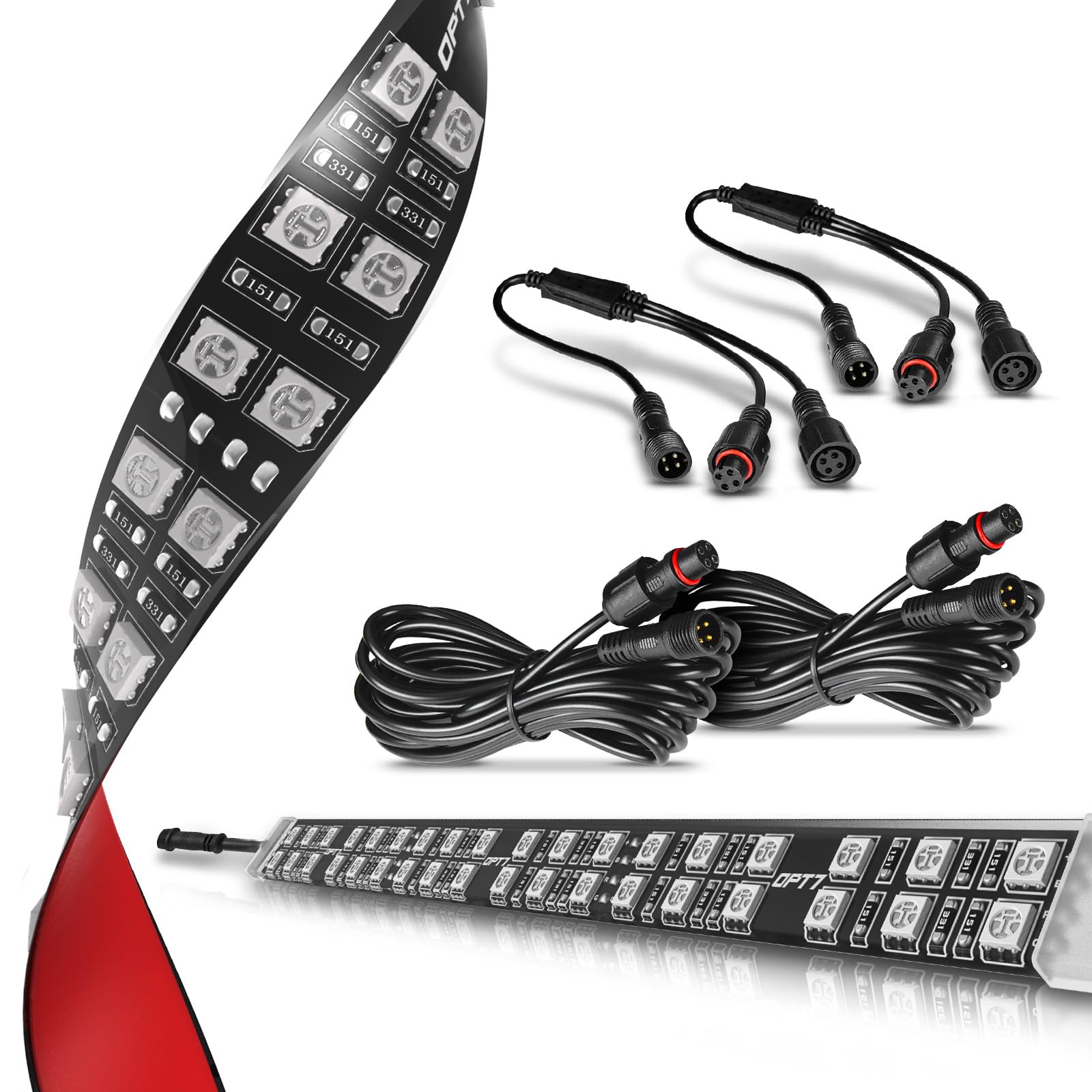 OPT7 Aura dwurzędowy zestaw rozszerzeń – 2 x 30 cm paski LED z rozgałęźnikami i przedłużaczami do wnętrz, na koła, kratę, motocykl, cruiser, wózek golfowy, łódź