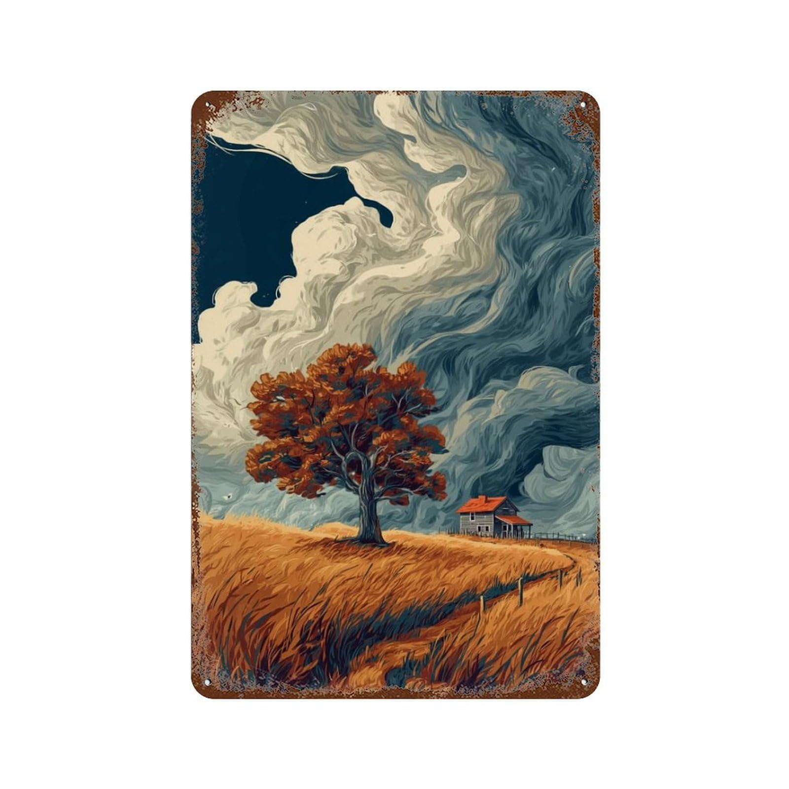 Autumn Farmhouse Scene-1 11.8"x7.9" Rustic Tin Plaque, Retro Wall Decor for Garage, Bar And Workshop Decor