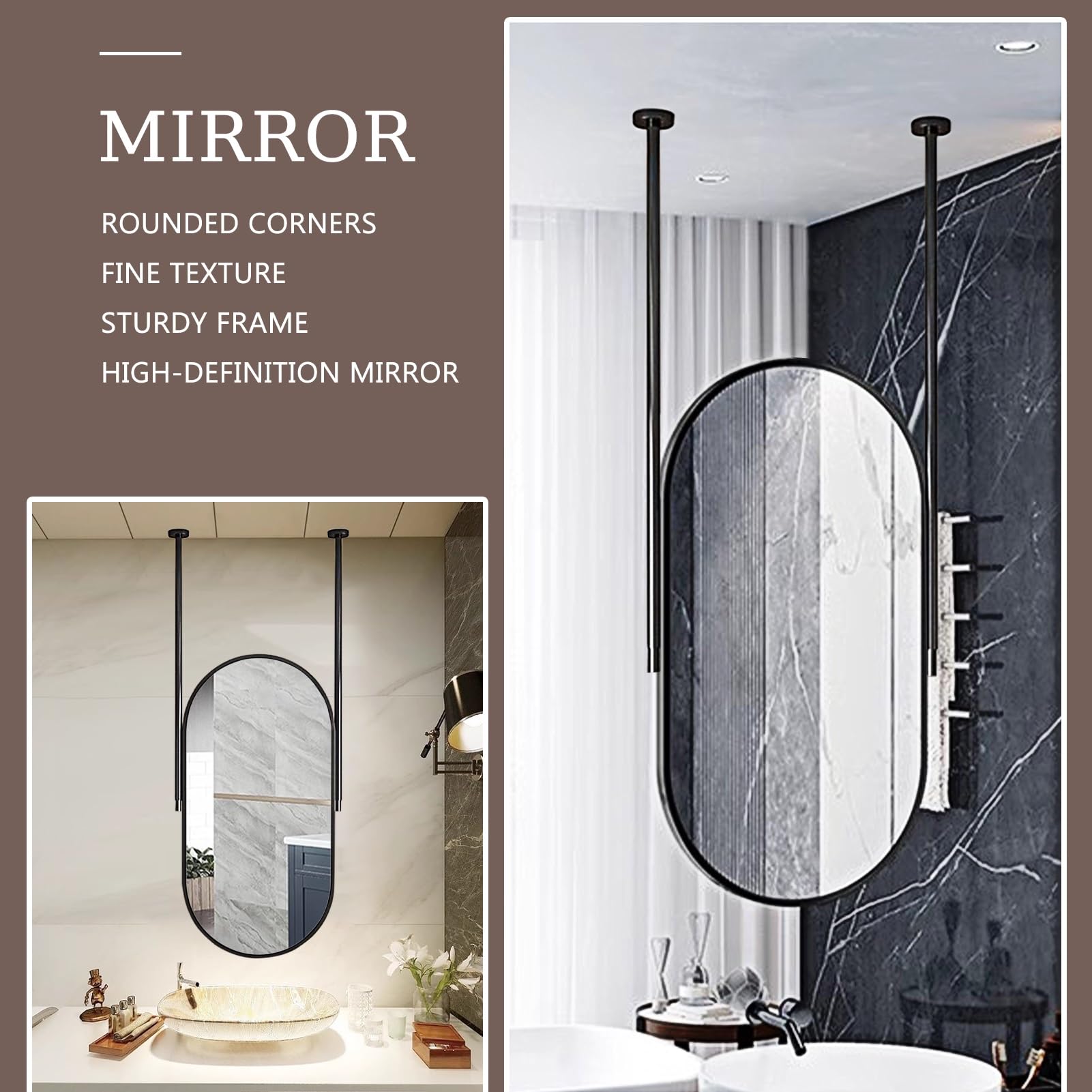 Owalne lustro do sufitu wiszące montowane lustro z czarną metalową ramą, dekoracyjne proste lustro do toaletki dom przedpokój sypialnia łazienka salon(50cmx60cm)