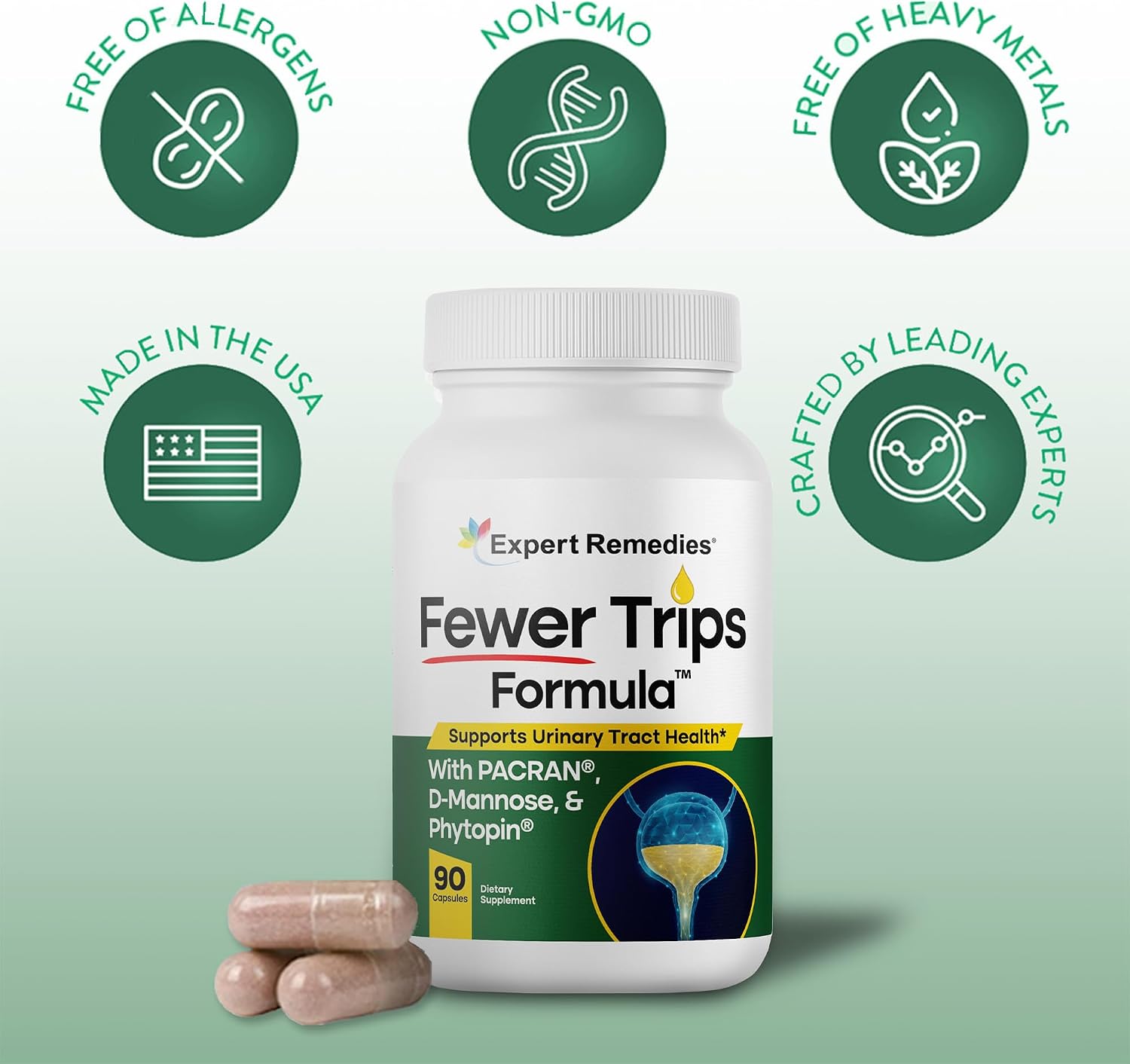 Fewer Trips Formula Bladder Support Supplement for Women and Men. Cranberry Extract and D-mannose Pills, Reduce Frequency, Support Urinary Tract Health - 90 Capsules