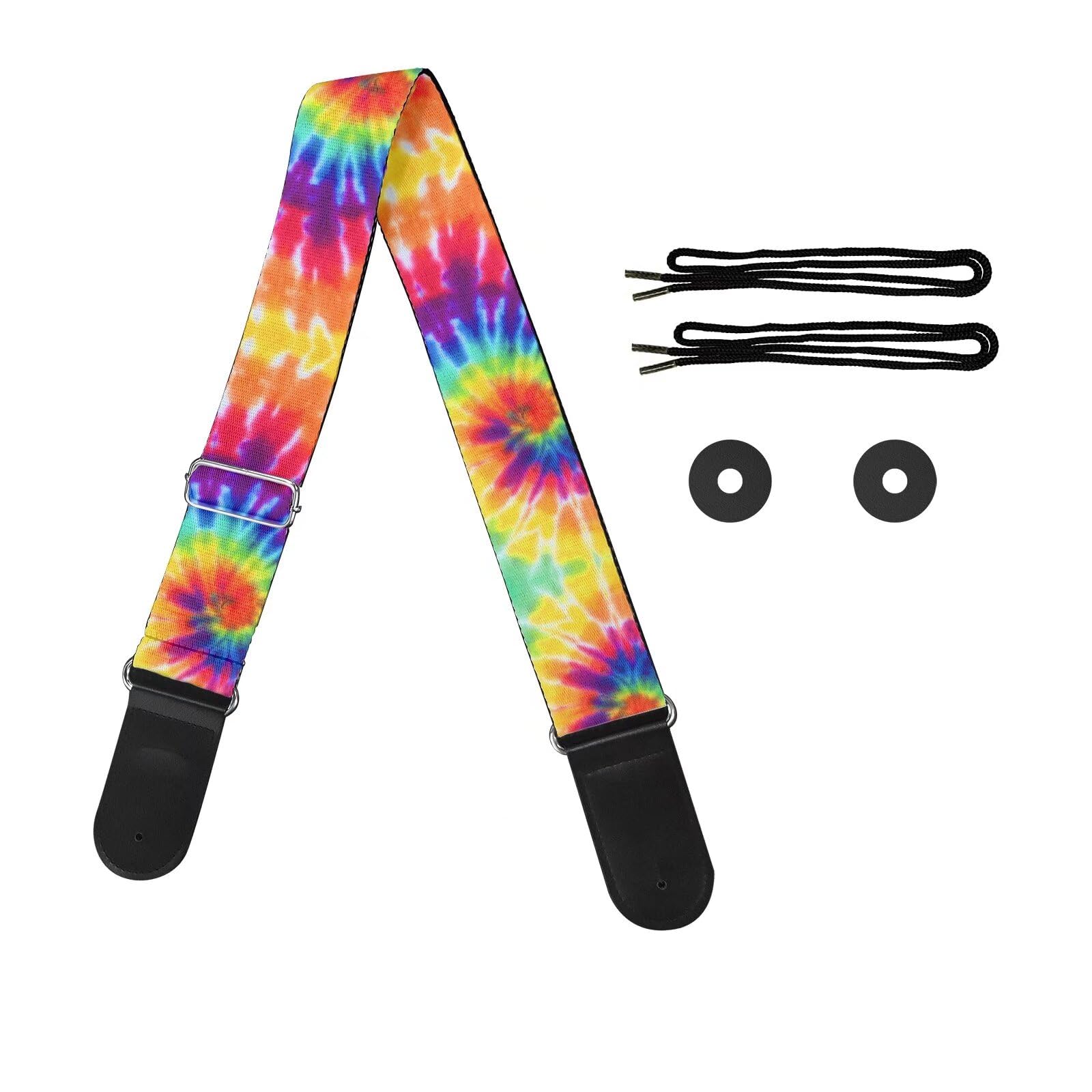 Suobstales Rainbow Guitar Strap Tie Dye Adjustable Acoustic Electric Guitar Bass Strap with Leather Ends for Women Men Gifts