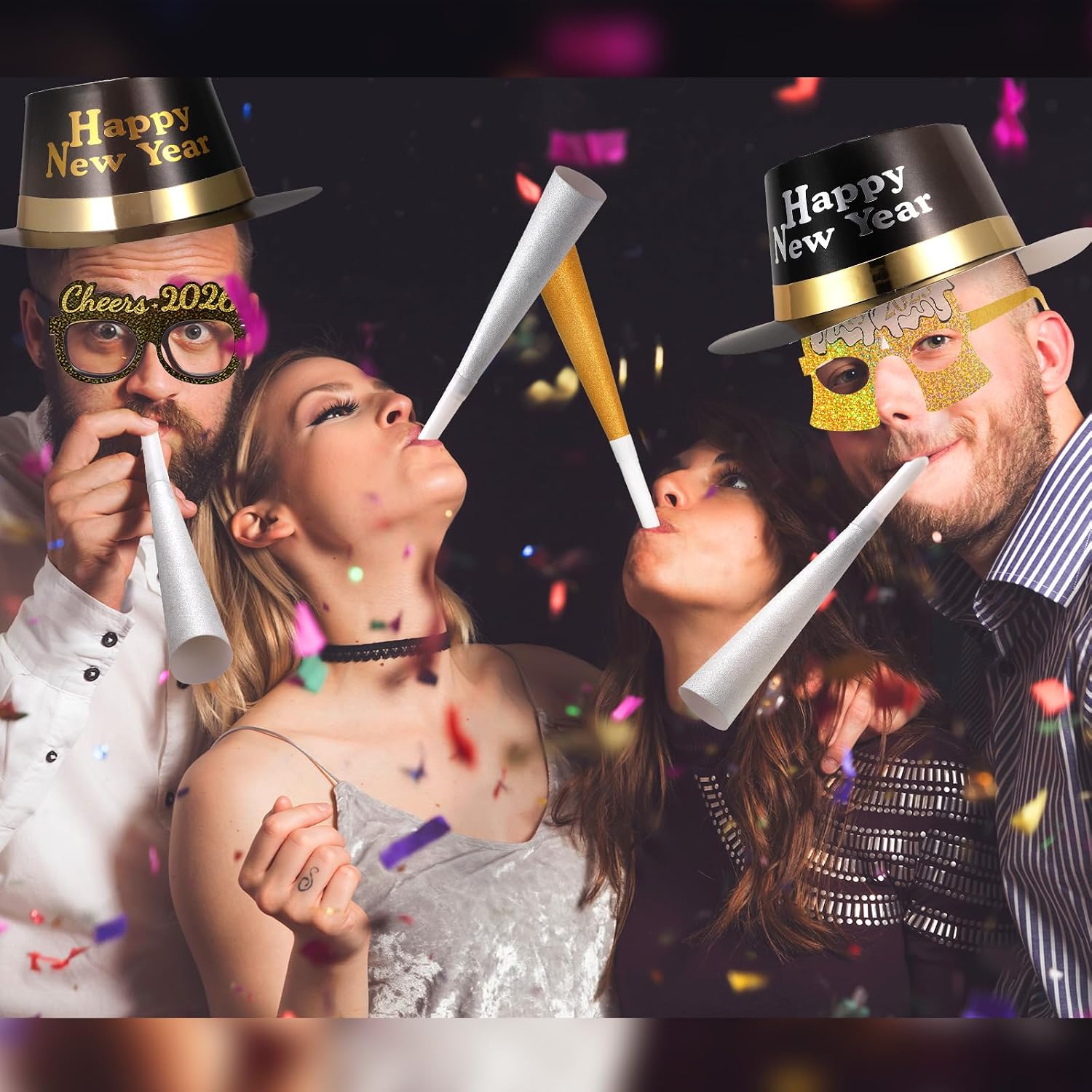 Sratte 36 Pcs 2026 New Year Eve Party Supplies Kit, New Year Eve Party Decorations 4 Colored Hats 6 Eyeglasses 6 Top Tiaras 8 Blowing Horns 12 Squawkers