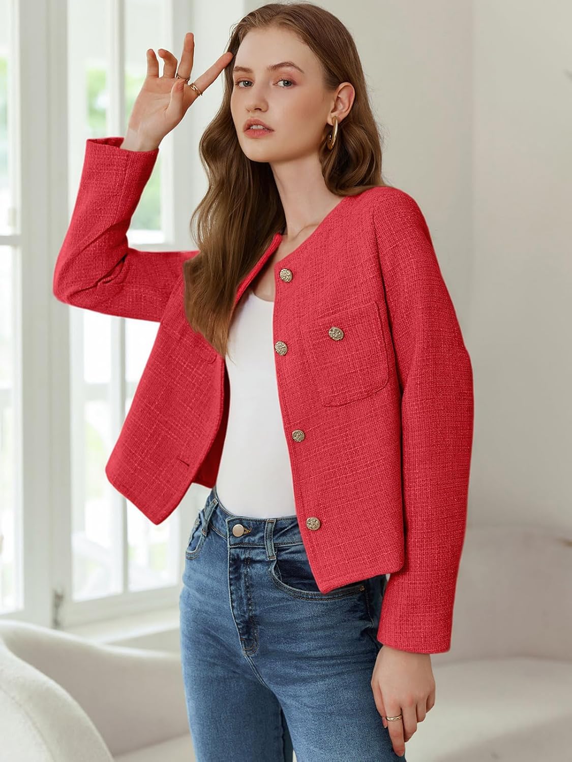 Women's Tweed Blazers Long Sleeve Business Button Down Casual Cropped Blazer Jackets with Pockets - Image 3