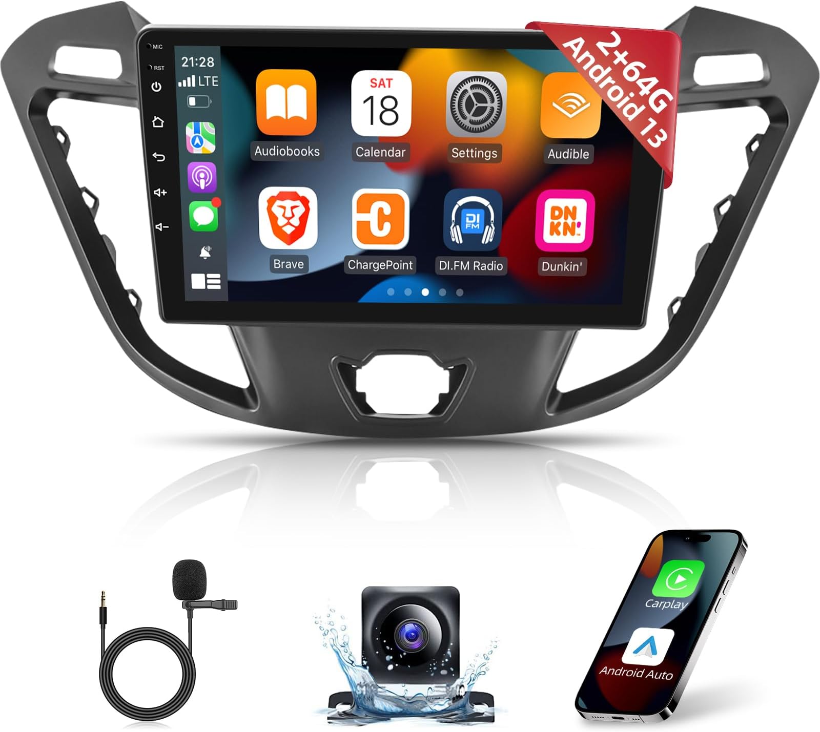 Autoradio Android 9 Pouces Pour Ford Transit 2015-2019 - 2Go+64Go, CarPlay/Android Auto Sans Fil, GPS, WiFi, Bluetooth, Caméra De Recul